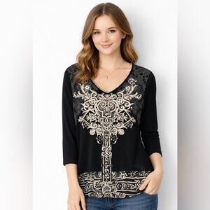 Y2K Skinny Minnie Rhinestone Graphic Top Baroque Cross Print Ruched 3/4 Sleeve